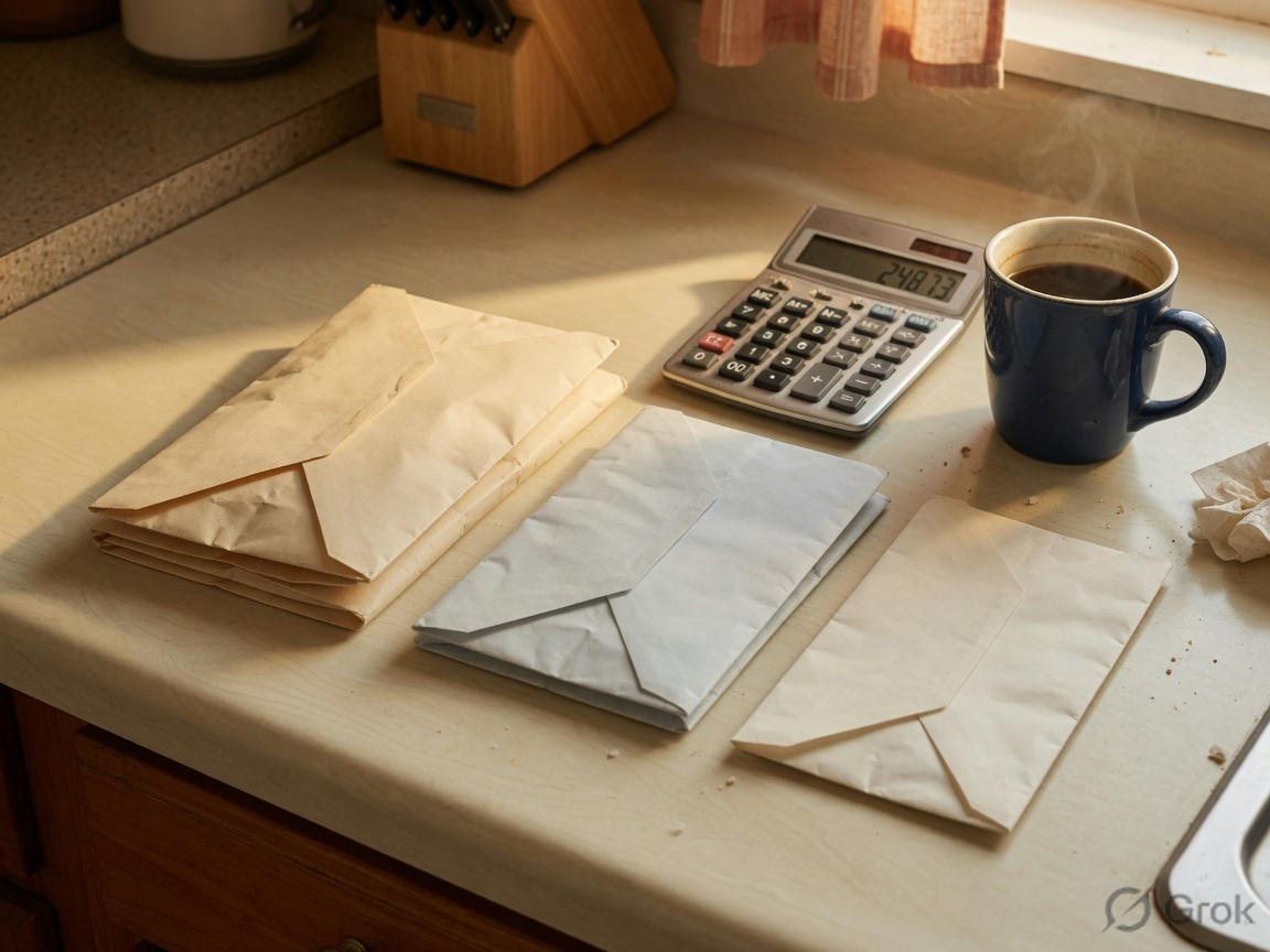 Three unlabeled envelopes of different thicknesses beside a calculator