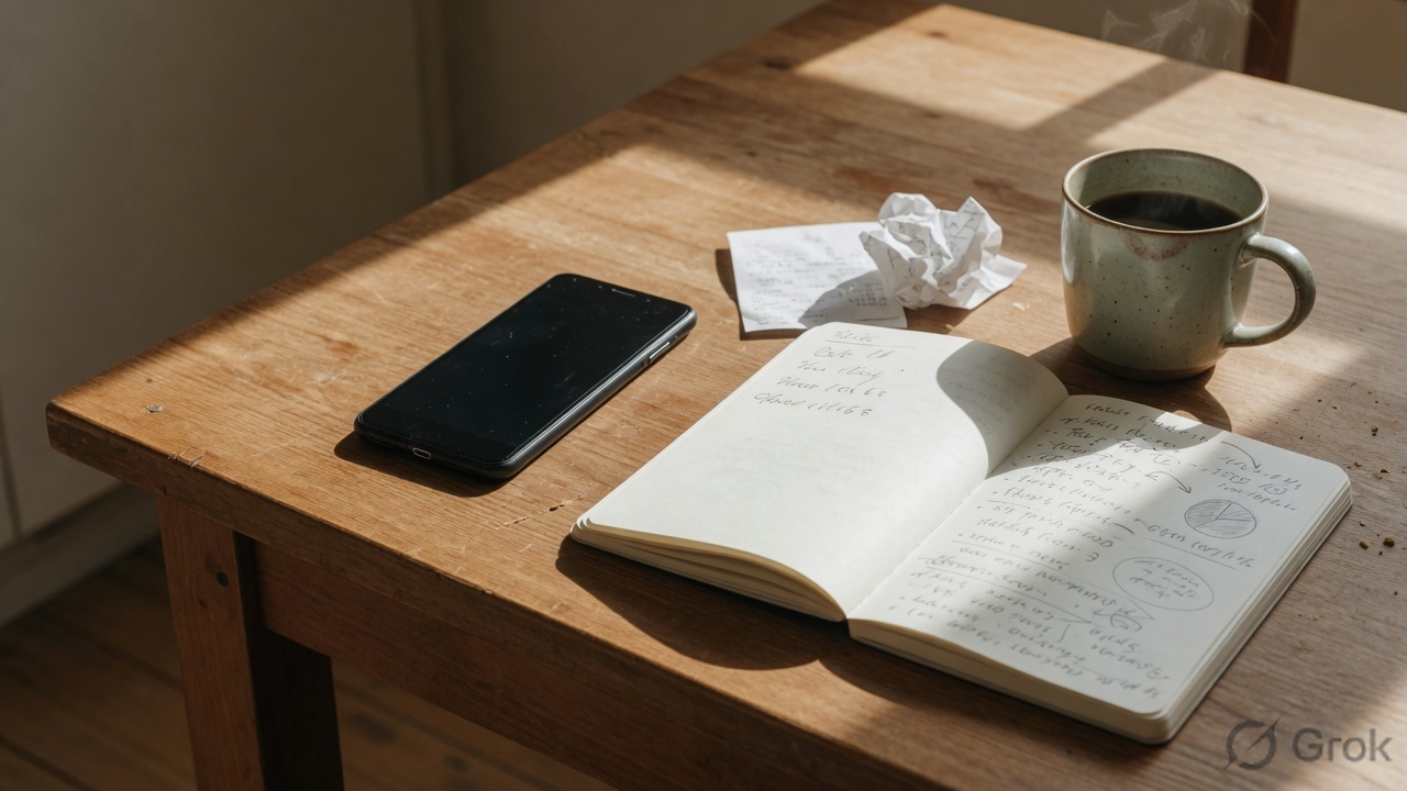 Smartphone with a dark screen next to an open notebook and mug on a kitchen table