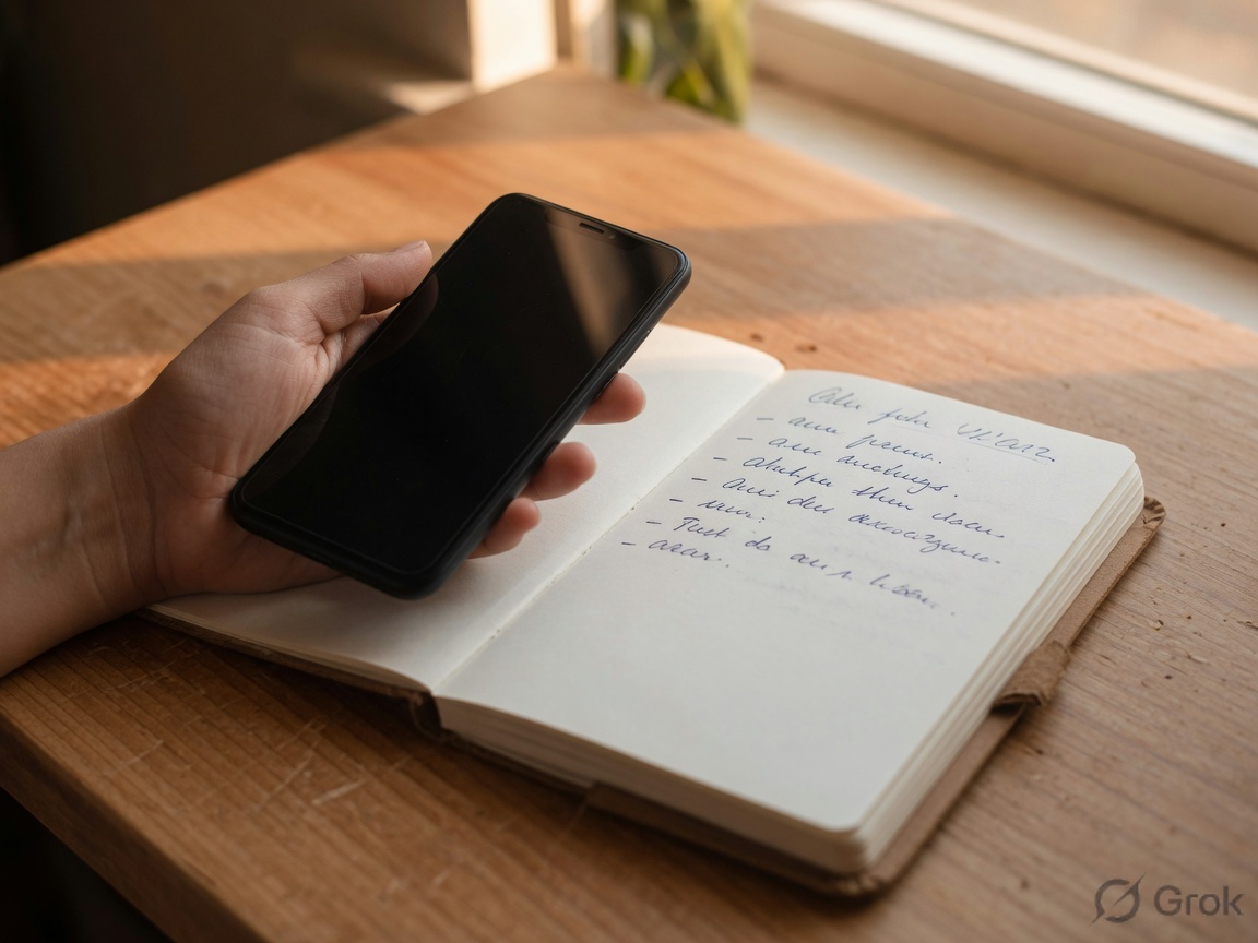 Hand holding a dark phone beside an open notebook