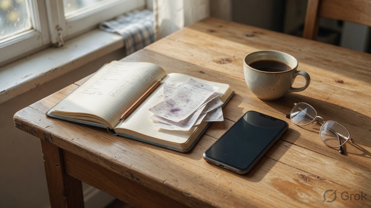 Paper expense notebook and a smartphone side by side on a sunlit kitchen table