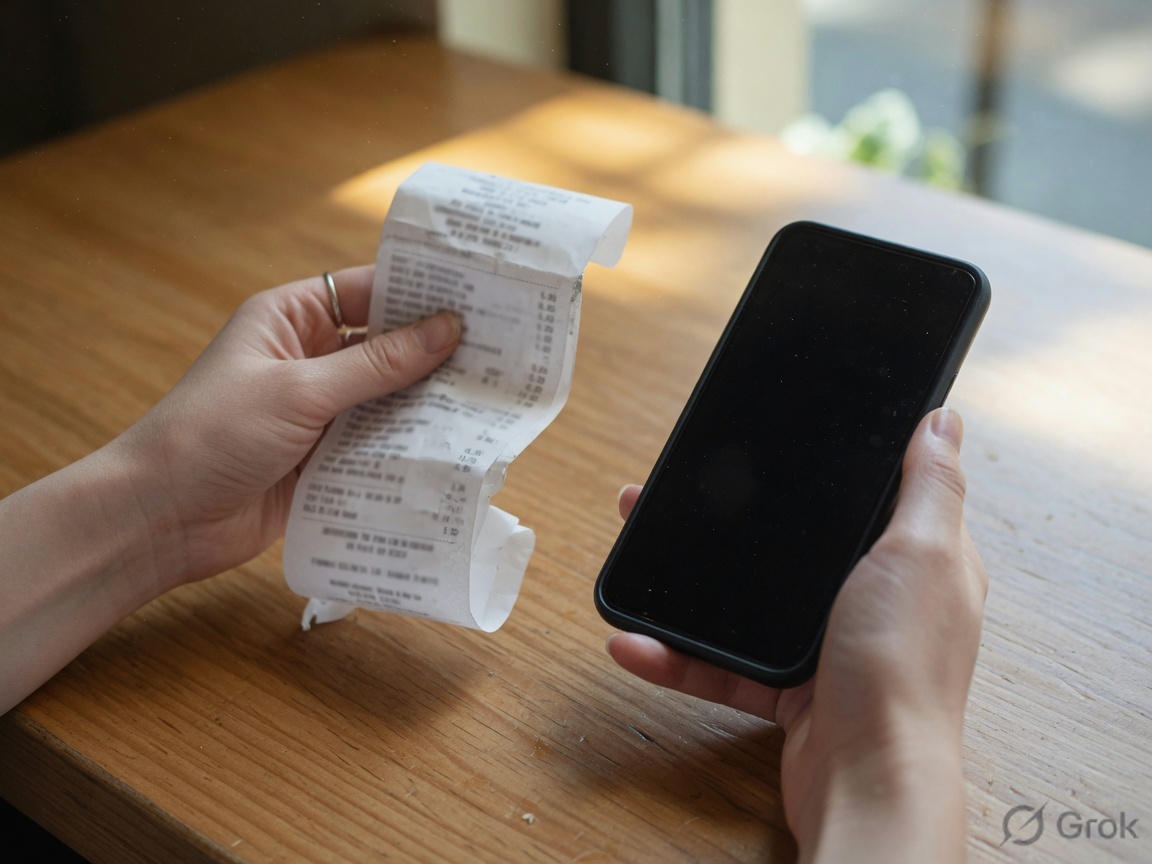 Hands comparing a thermal receipt to a phone on a cafe table