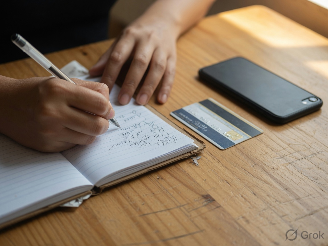 Hand writing in a notebook beside a card and a face-down phone