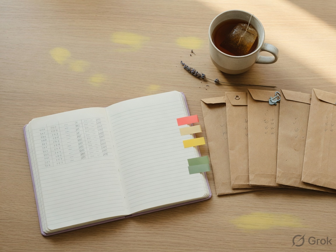 Notebook with colored tabs and a short row of category envelopes