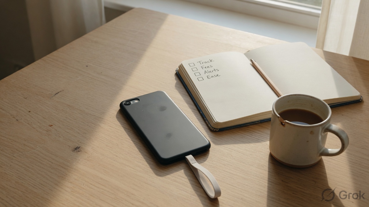 Face-down phone, open notebook with a blank checklist, and coffee on a wooden table