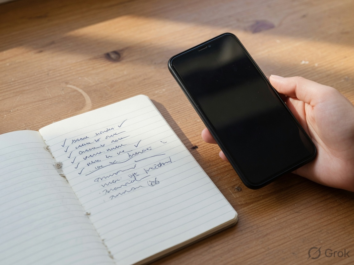 Hand holding a dark phone next to a short checklist in a notebook