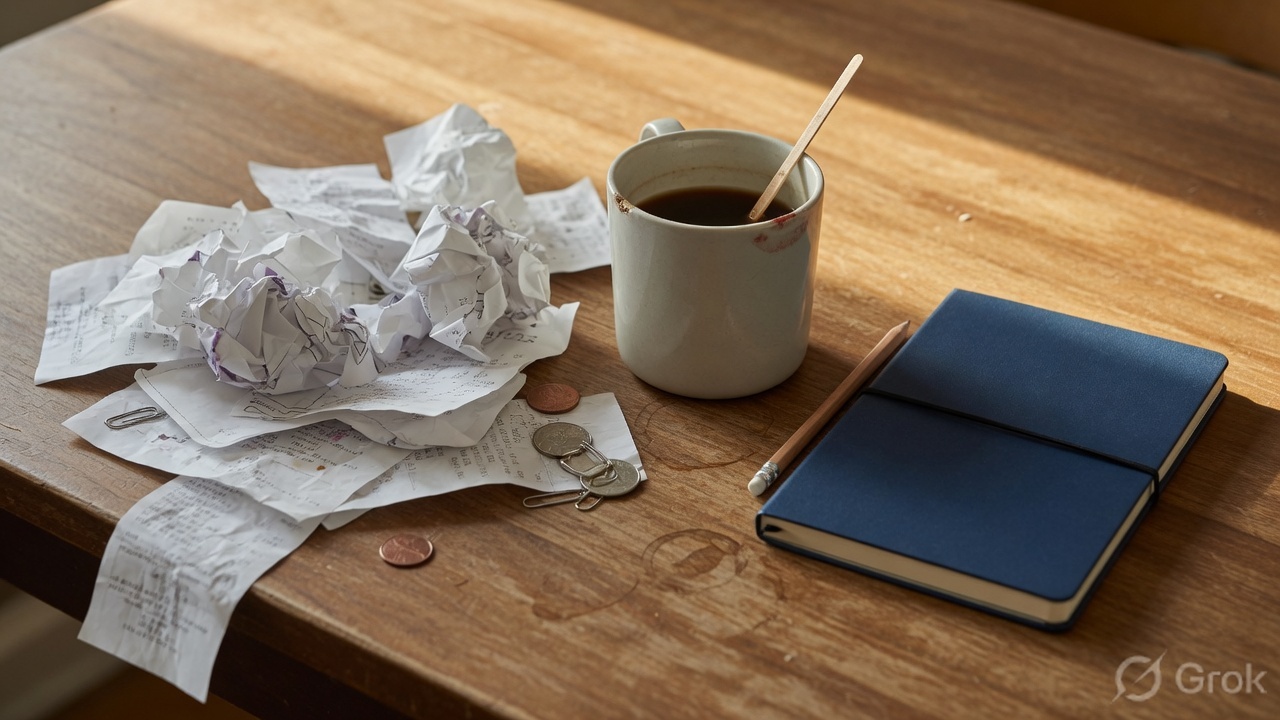 Scattered crumpled receipts on one side of a table and a neat notebook on the other