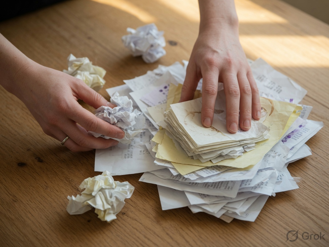 Hands gathering a messy pile of receipts into a tidy stack