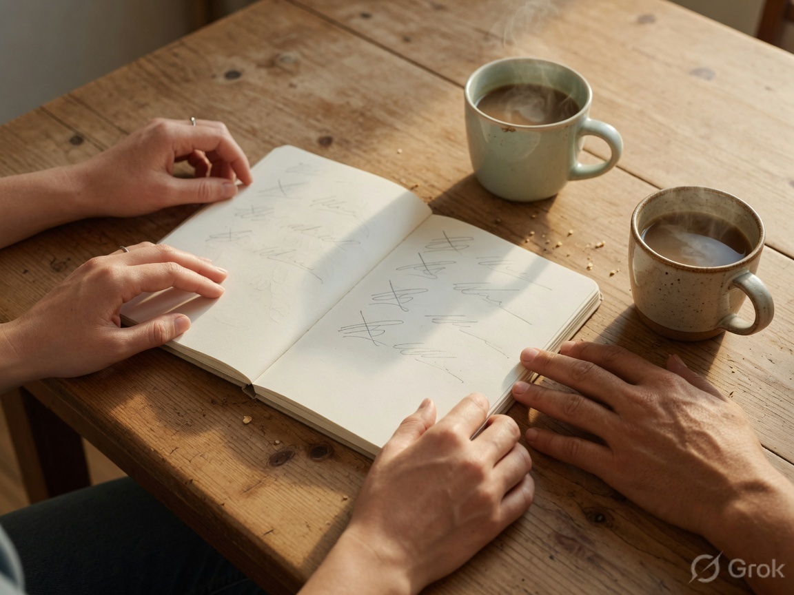 Two pairs of hands beside an open notebook and two mugs