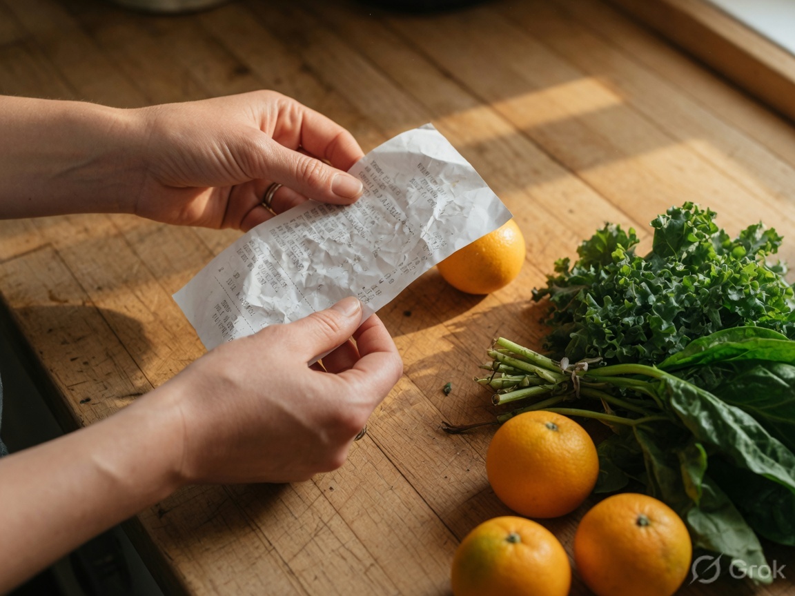 Hands reviewing a grocery receipt next to produce