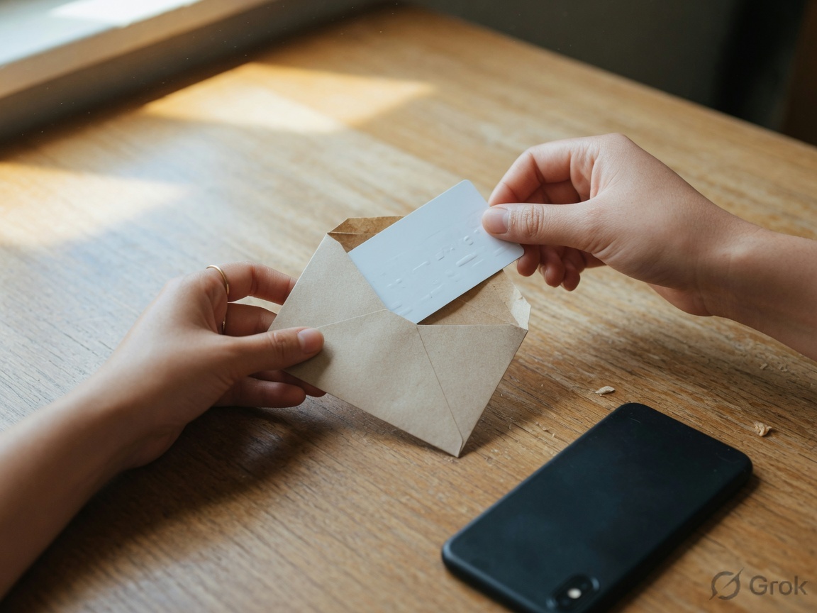 Hands placing a bank card into a paper envelope beside a phone