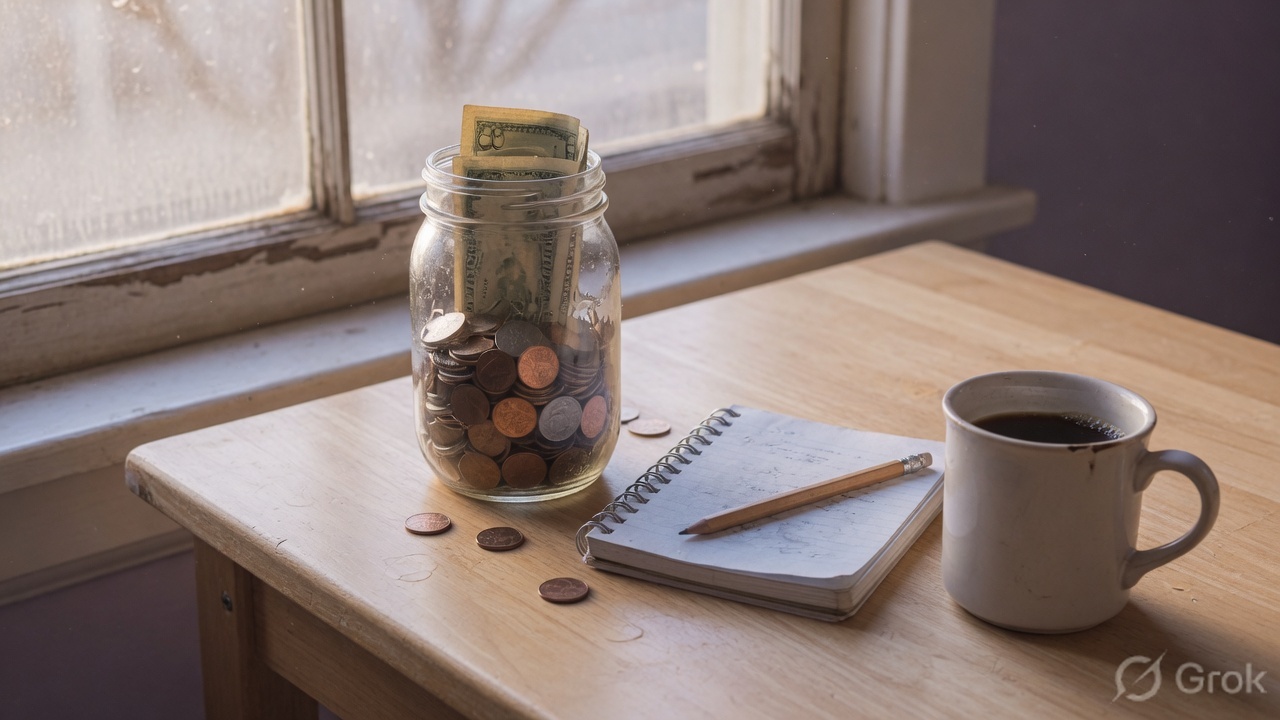 Glass jar of coins and bills beside a notebook and mug on a wooden table