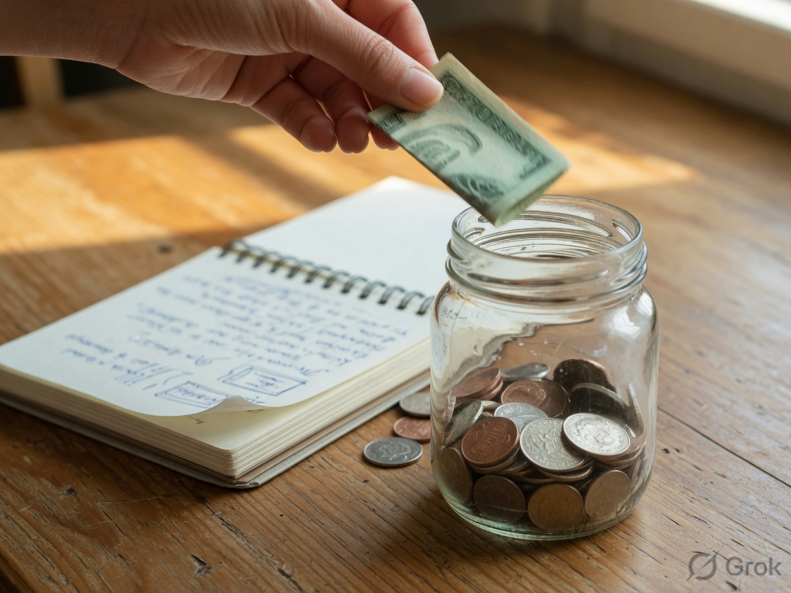 Hand dropping a folded bill into a glass jar of coins