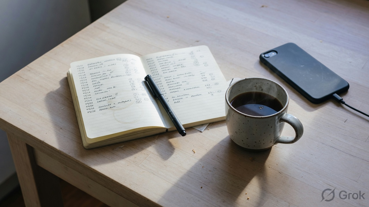 Open notebook, coffee, face-down phone, and a pen on a kitchen table in morning light