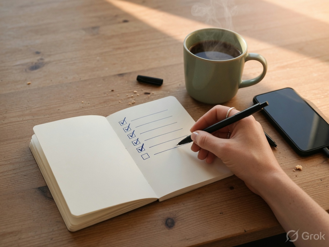 Hand checking off a short daily list in a notebook next to a mug