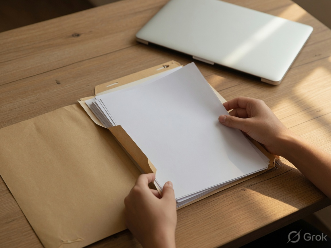 Hands sliding a stack of papers into a manila folder on a desk