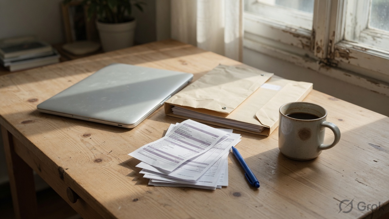 Home-office desk with a laptop, receipts, and a manila envelope in morning light