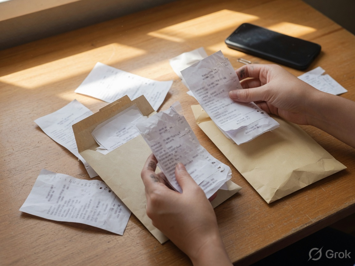 Hands sorting receipts into two unlabeled envelopes on a wooden desk