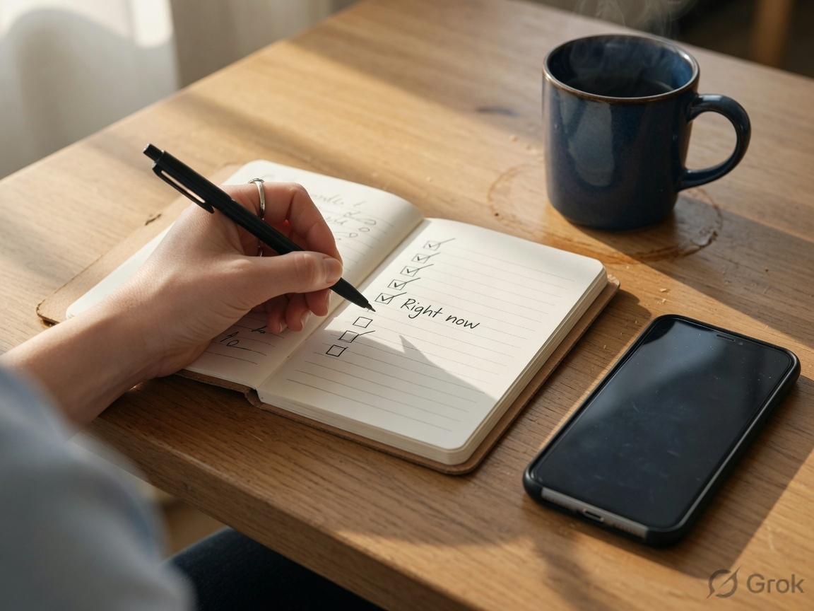 Hand checking a short daily list in a notebook next to a face-down phone