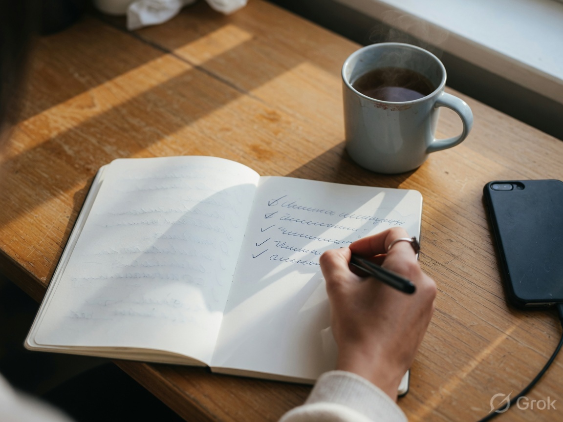 Hand checking a short list in a notebook next to a mug of tea