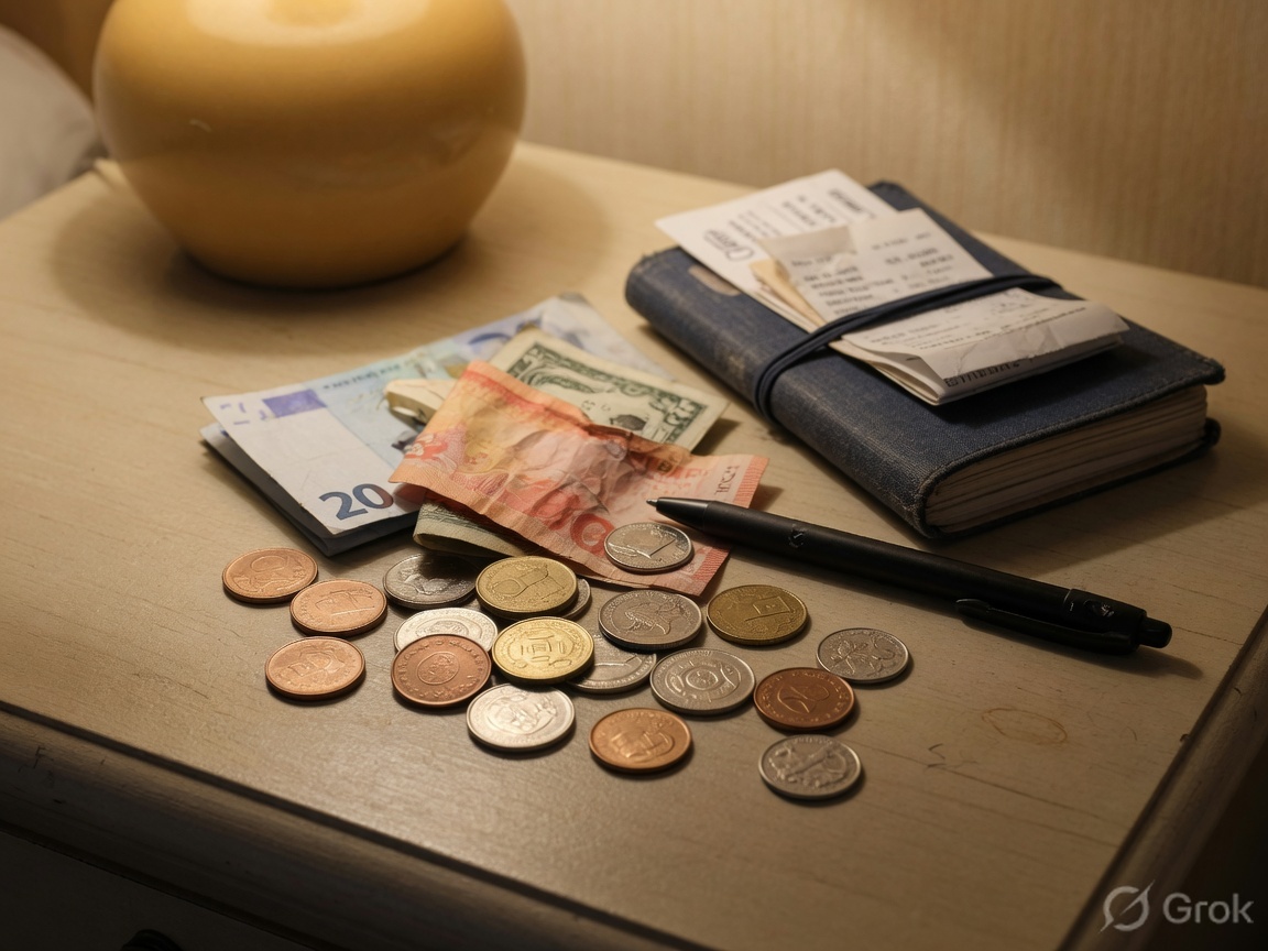 International coins and a travel notebook on a hotel nightstand