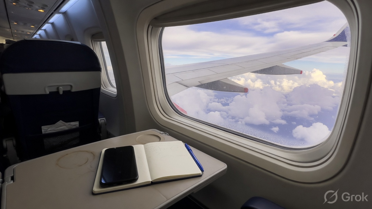 Airplane tray table with a notebook and phone beside a window of clouds