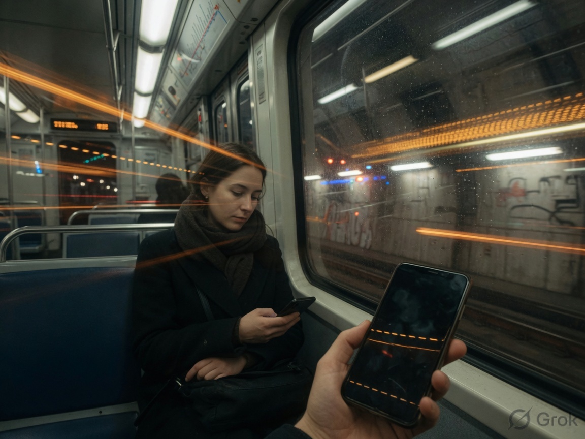 Commuter holding a phone with a dark screen on a subway