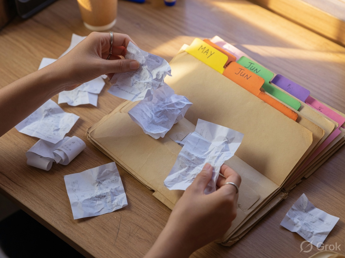 Hands filing thermal receipts into an accordion folder