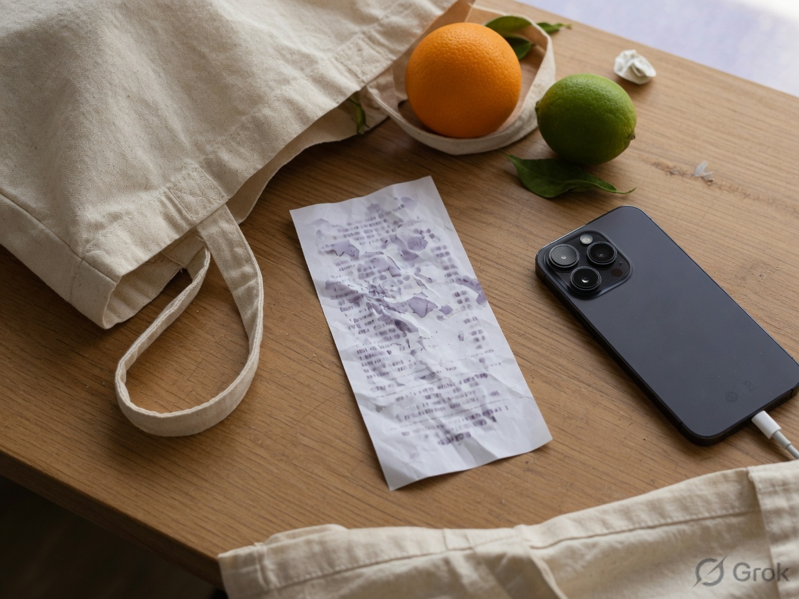 Thermal receipt and phone camera on a wooden table next to a tote bag