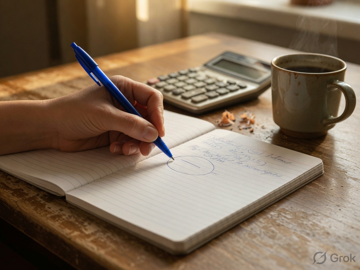 Hand circling a line in a notebook next to a calculator