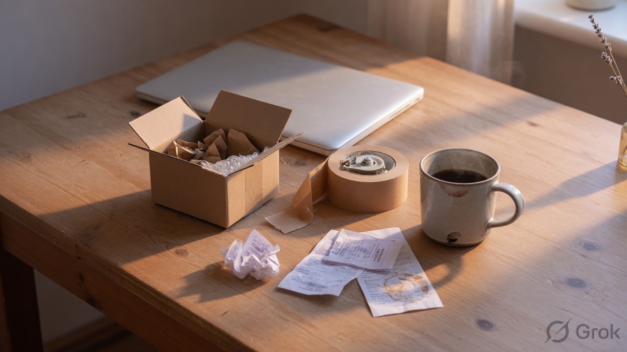 Laptop, shipping box, kraft tape, receipts, and a mug on a home-office desk
