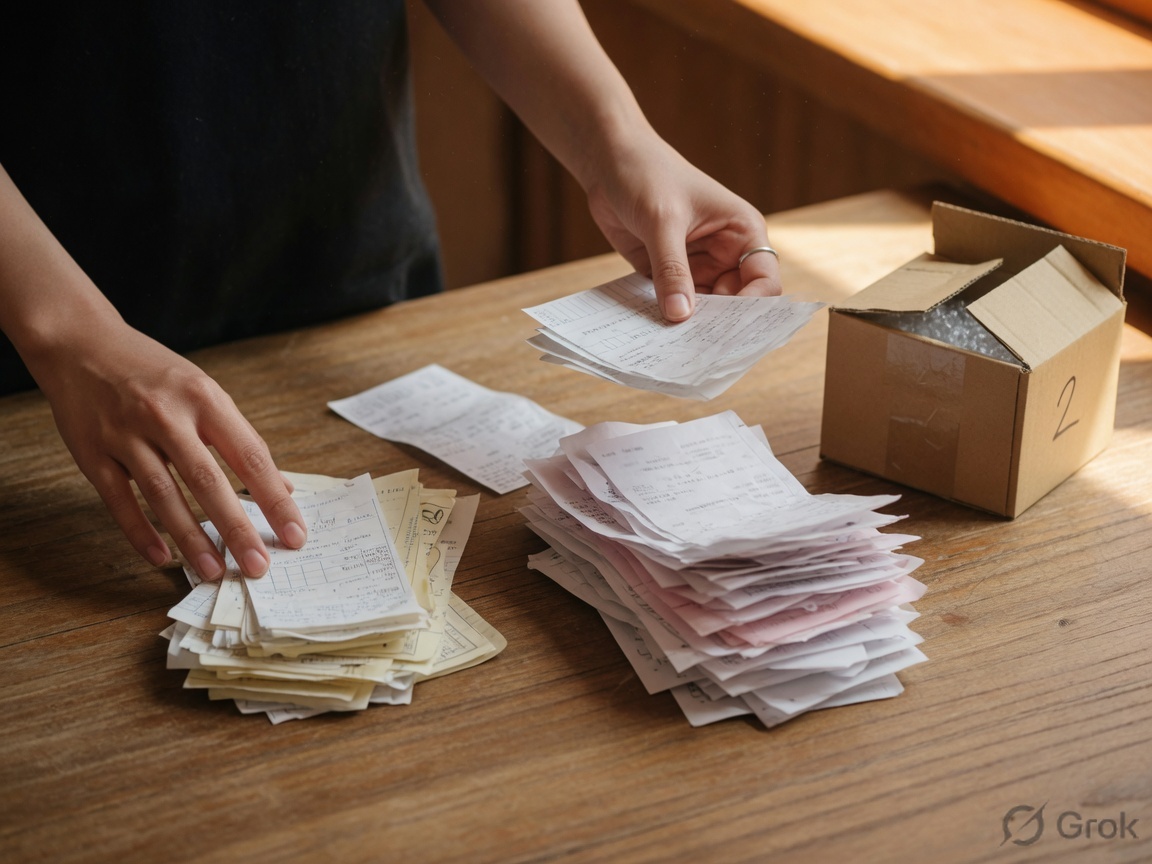 Hands sorting receipts into two piles next to a small shipping box