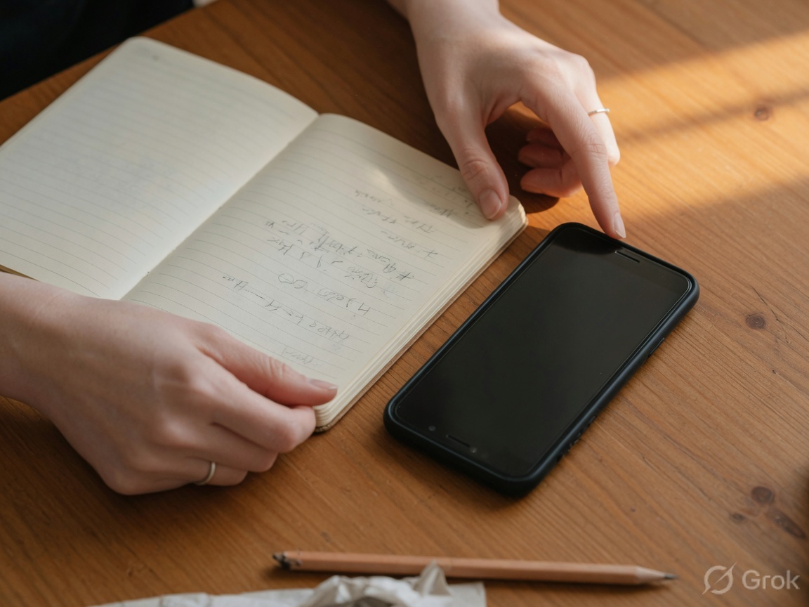 Hands comparing a notebook page to a face-down phone