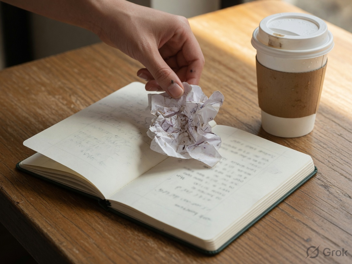Hand tucking a small cafe receipt into a notebook beside a coffee cup