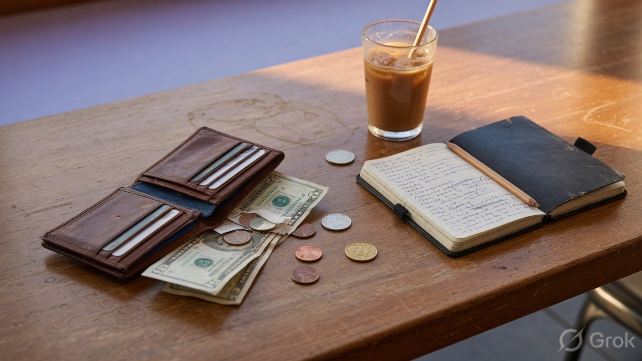 Worn wallet, paper bills, coins, and a slim notebook on a cafe table