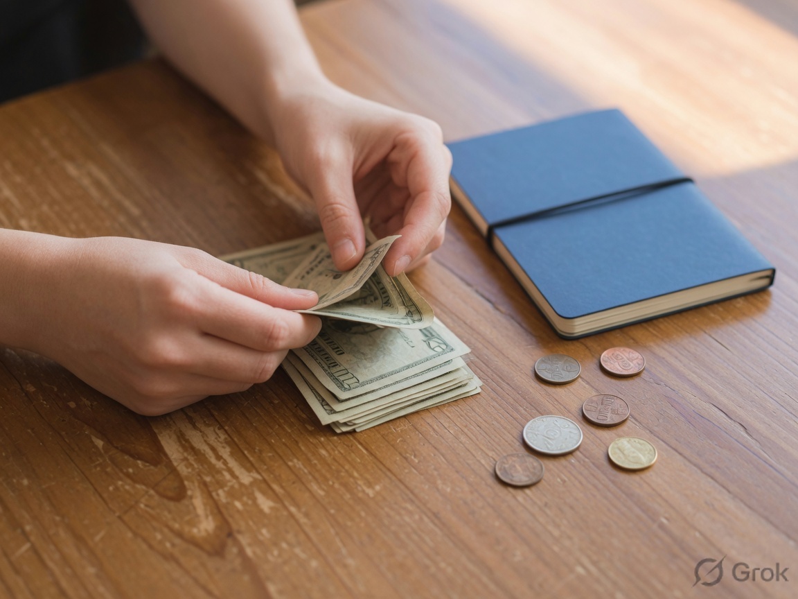 Hands counting a small stack of bills next to a notebook and coins