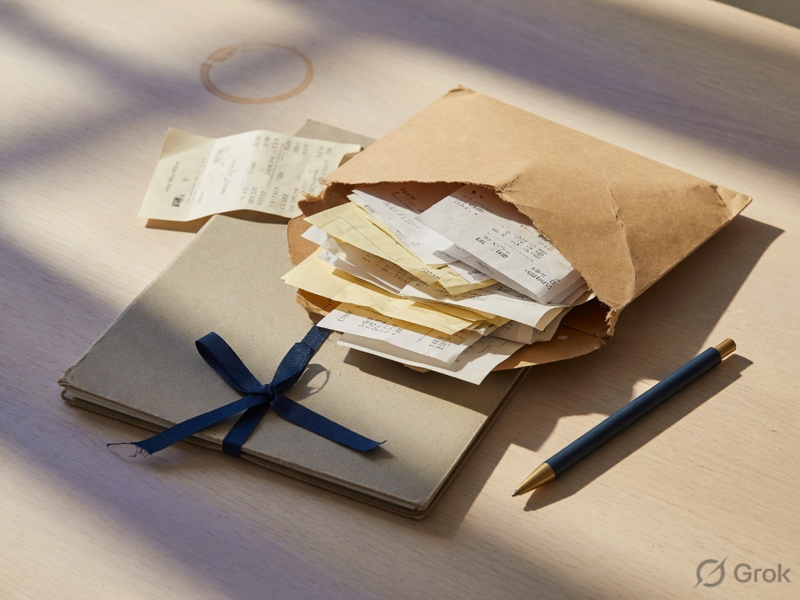Paper envelope of receipts and a slim folder on a sunlit desk