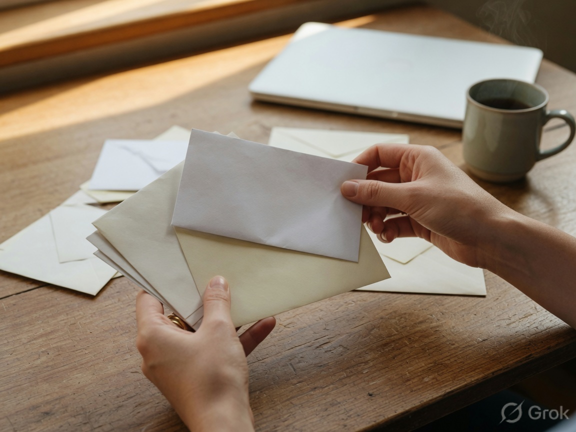 Hands flipping through a small stack of paper envelopes on a wooden table