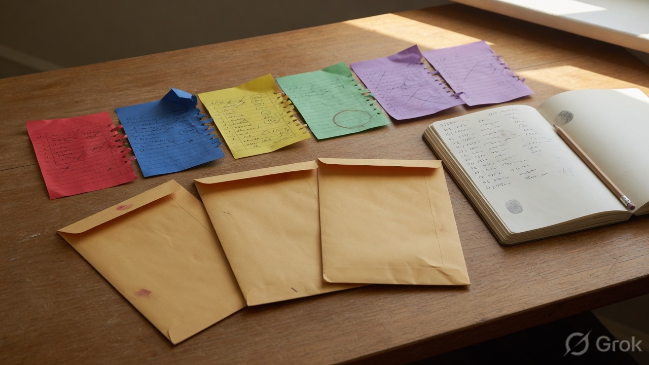 Color-coded paper slips, unlabeled envelopes, and an open notebook on a table