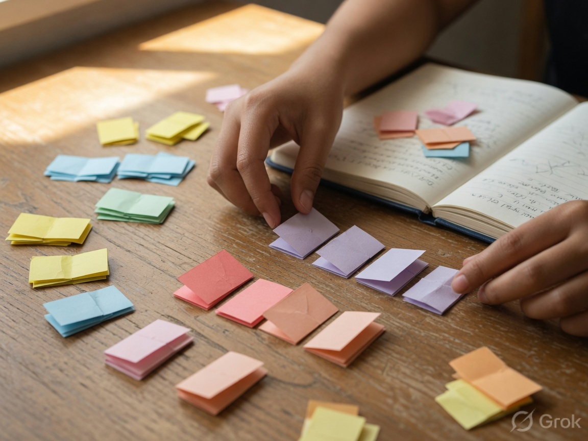 Hands grouping small colored paper slips beside a notebook