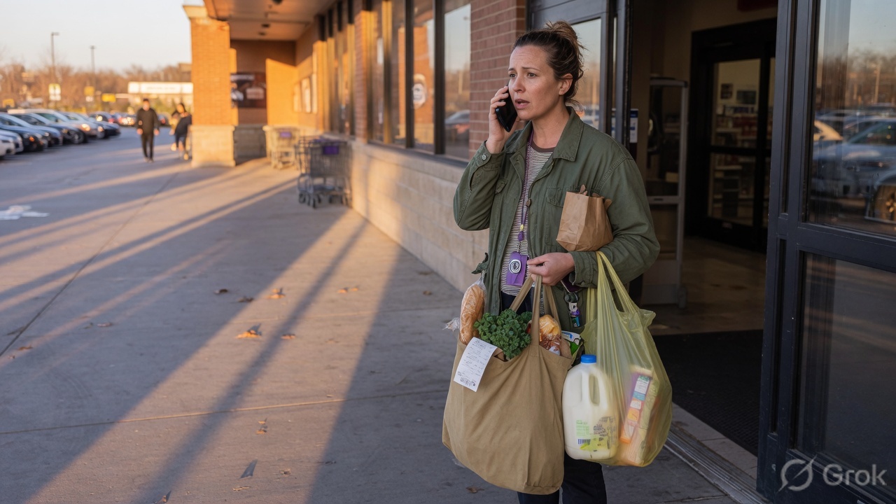 Shopper leaving a grocery store speaking into a phone while carrying bags