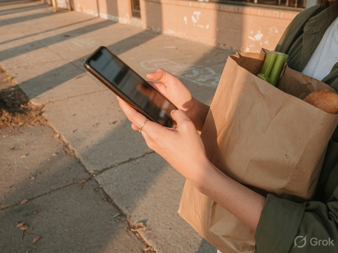 Hand holding a phone near the mouth next to a grocery bag