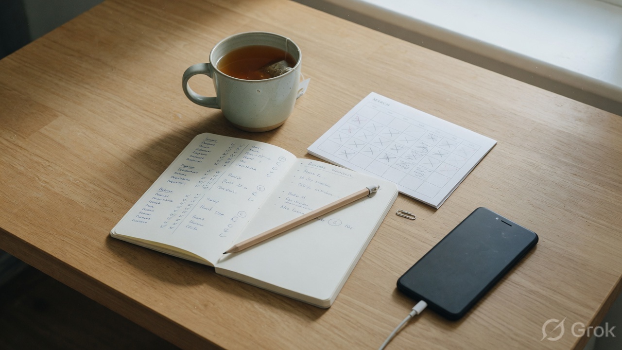 Mug of tea, open notebook, paper calendar, and a face-down phone on a table