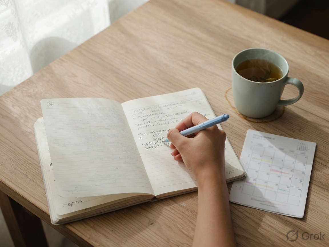 Hand writing a short weekly note in a notebook next to tea and a calendar